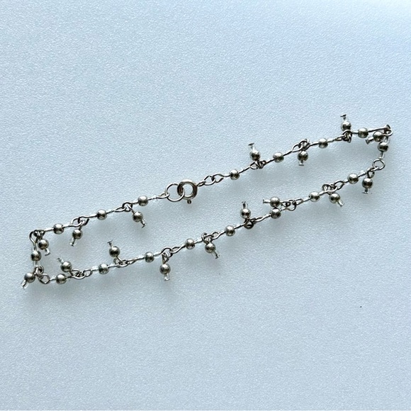 Vintage Silver Dangling Mini Bead and Clear Seed Bead Chain Anklet Bracelet 9” - Picture 2 of 5